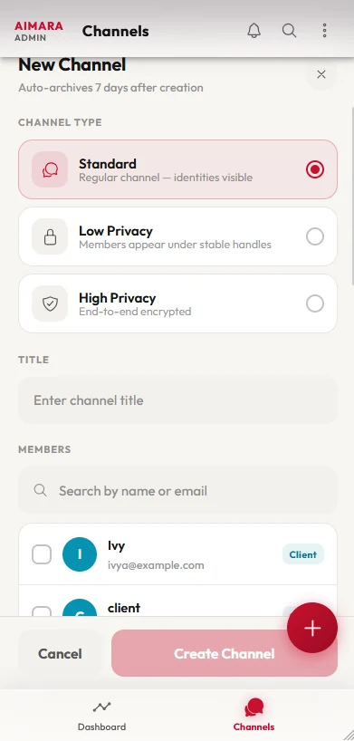New Channel sheet offering Standard, Low Privacy and High Privacy types, with auto archive after seven days and member search.