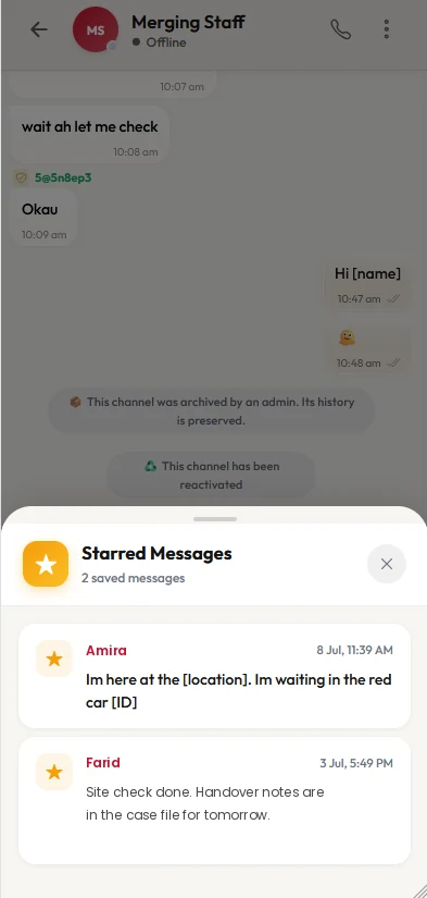 Starred Messages sheet listing saved messages with sender and timestamp over an archived chat.