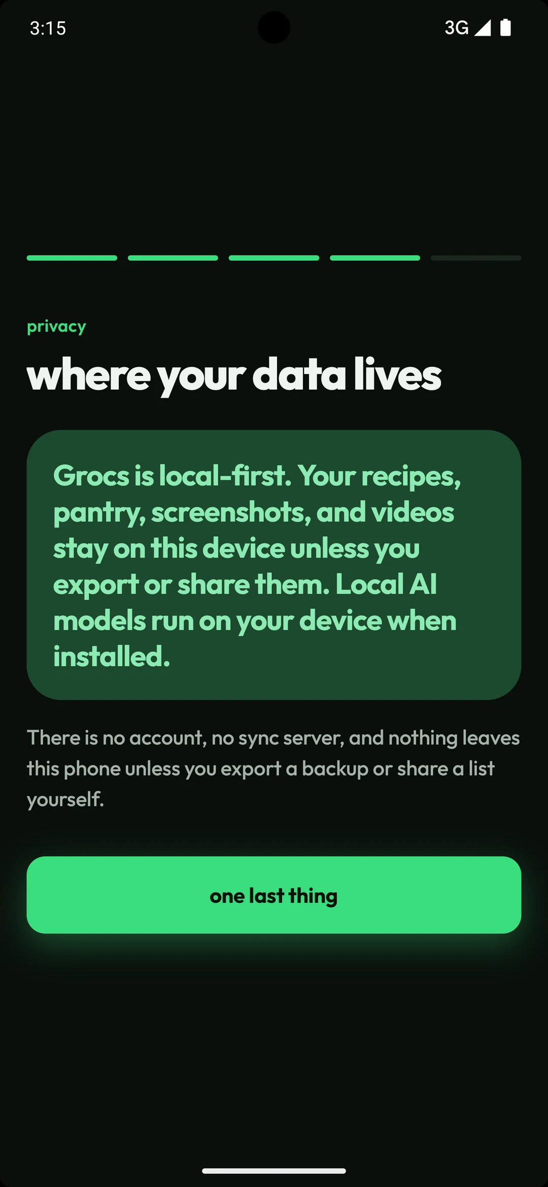 Onboarding screen titled where your data lives, stating that recipes, pantry, screenshots and videos stay on the device.