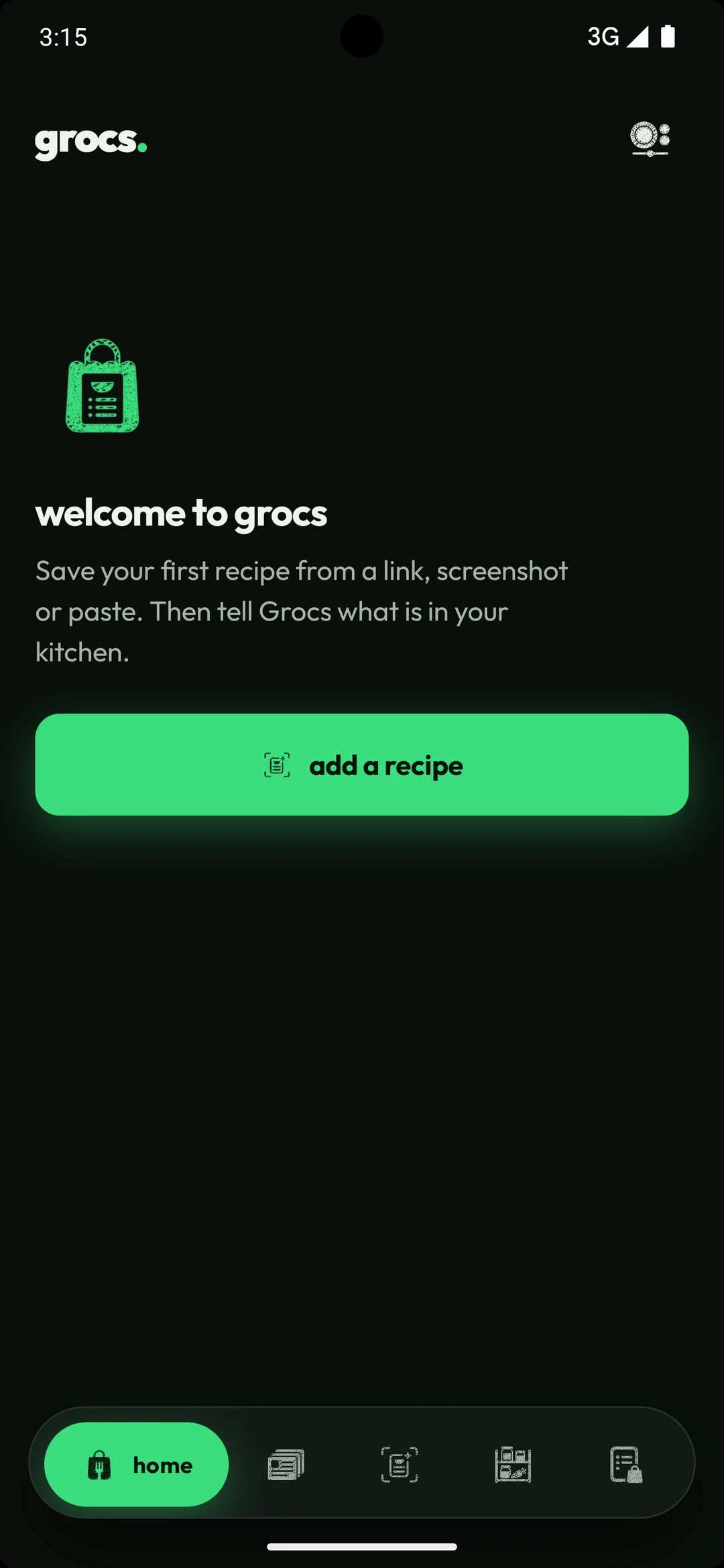 Home with welcome card and add-a-recipe action.