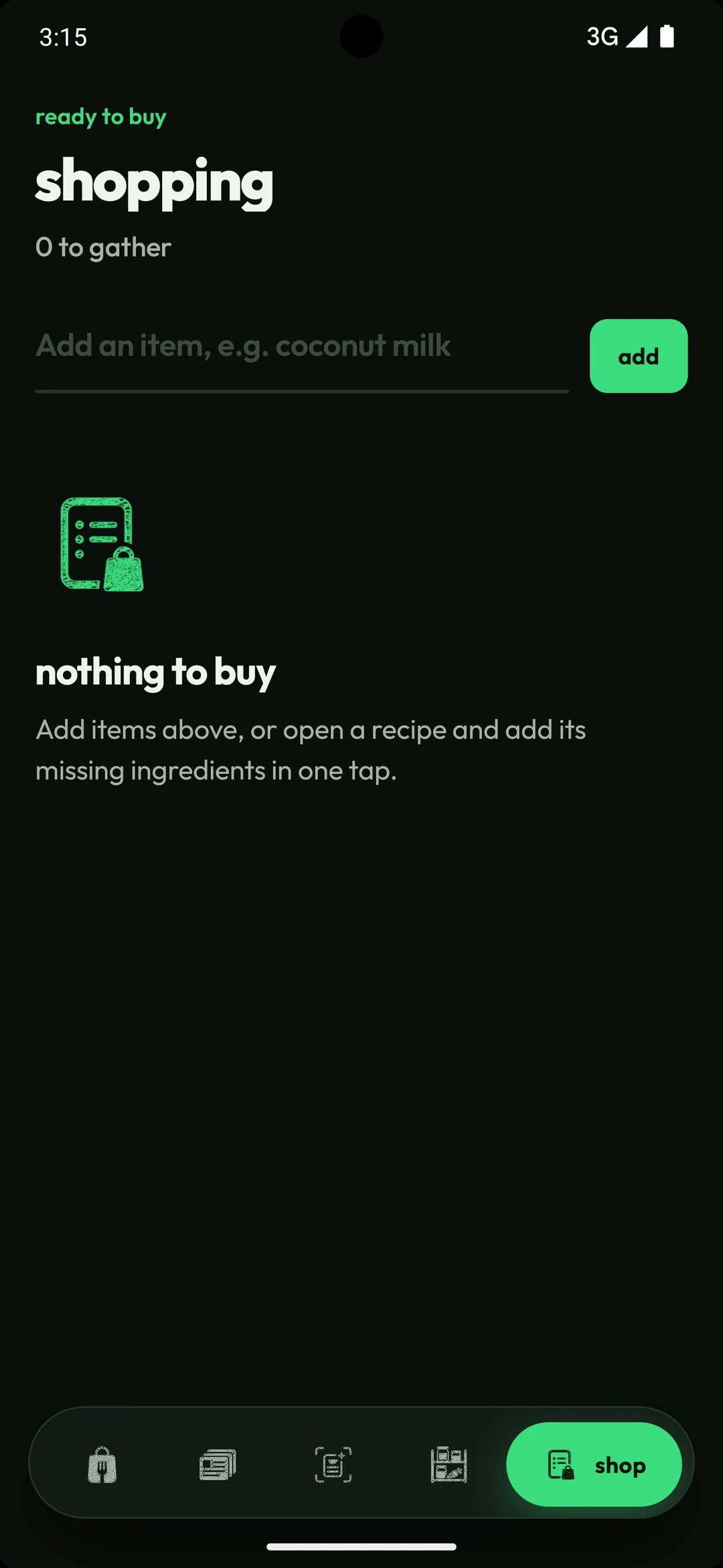 Shopping tab where missing ingredients from any recipe can be added in one tap.
