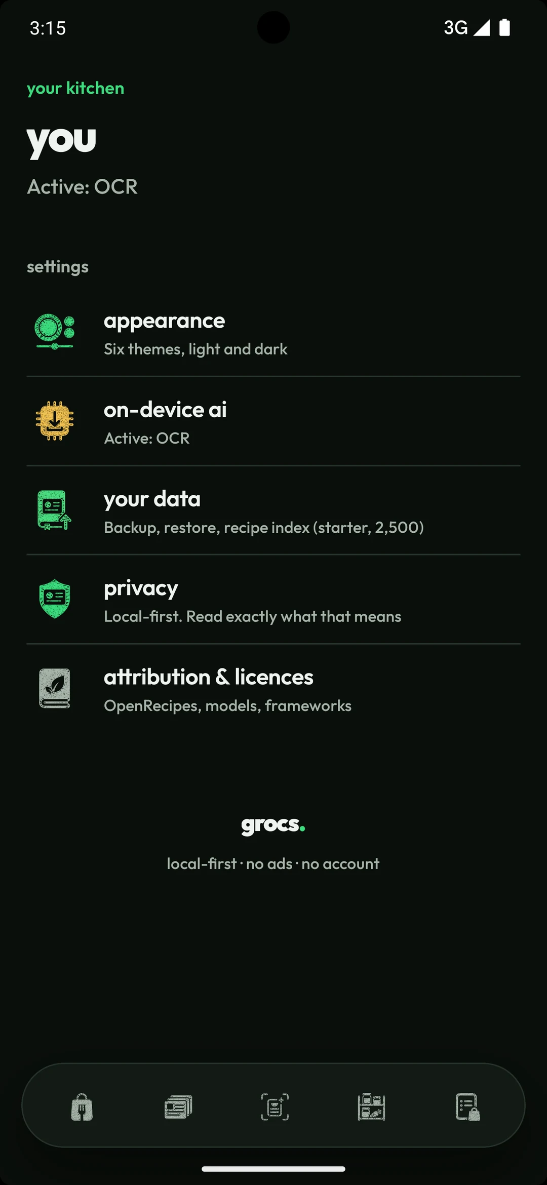 Settings hub with appearance, on device AI, data, privacy and attribution.