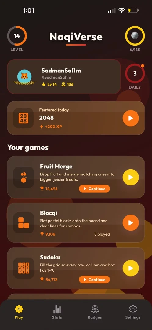 Home screen with level ring, daily streak counter, a featured game card and the full game list.