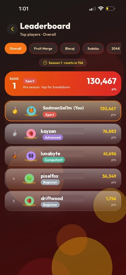 Seasonal leaderboard with an Overall tab, per game tabs, a rank-1 summary card and a ranked player list.