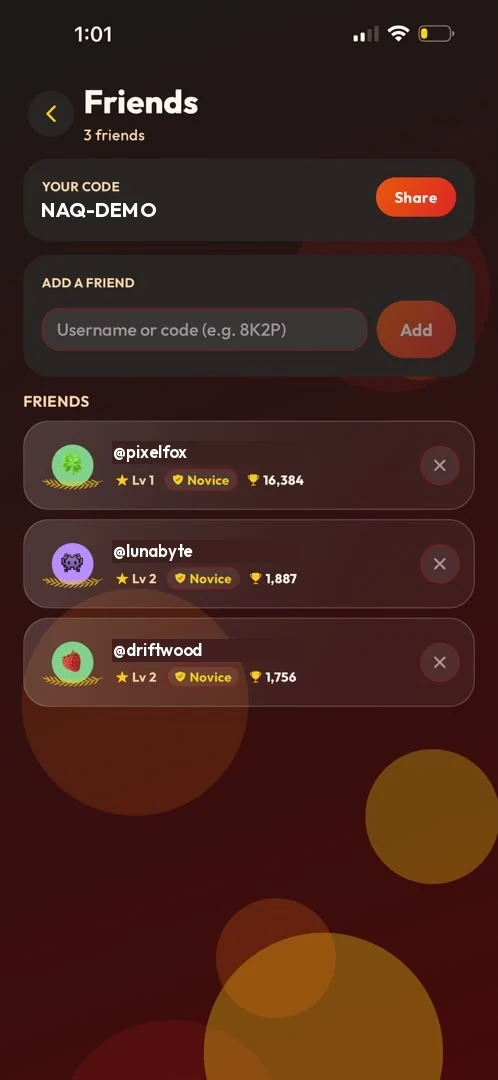 Friends screen with a shareable friend code, an add friend field and a list of three friends with levels and points.