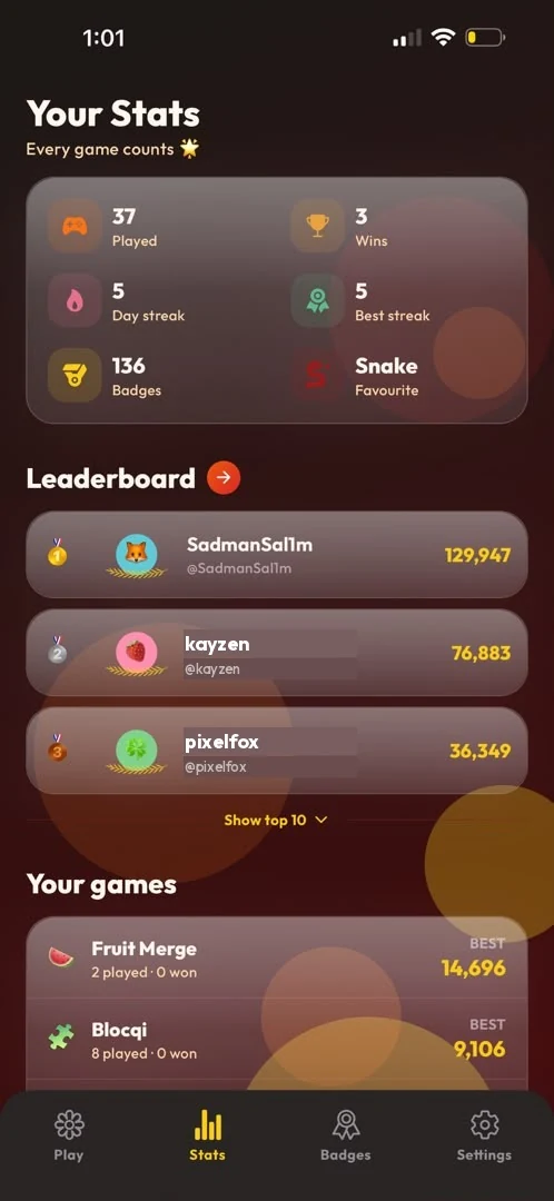 Stats screen with totals, leaderboard preview and per game bests.