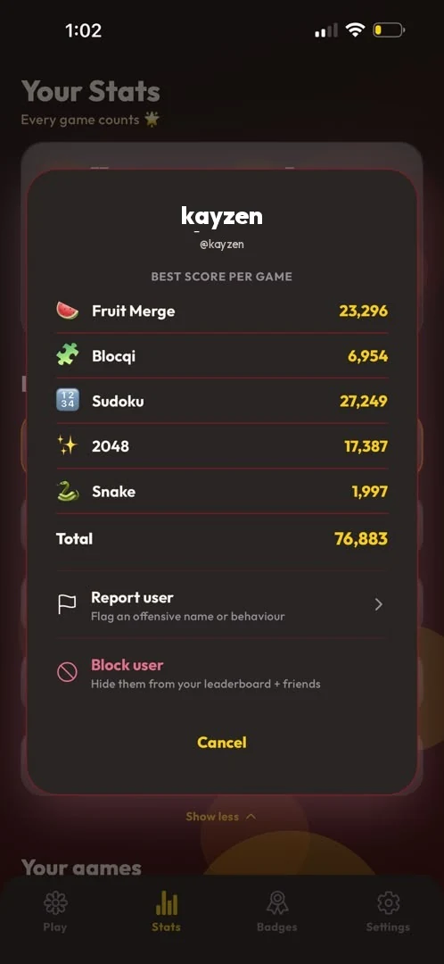 A player detail sheet showing best score per game, plus Report user and Block user actions.