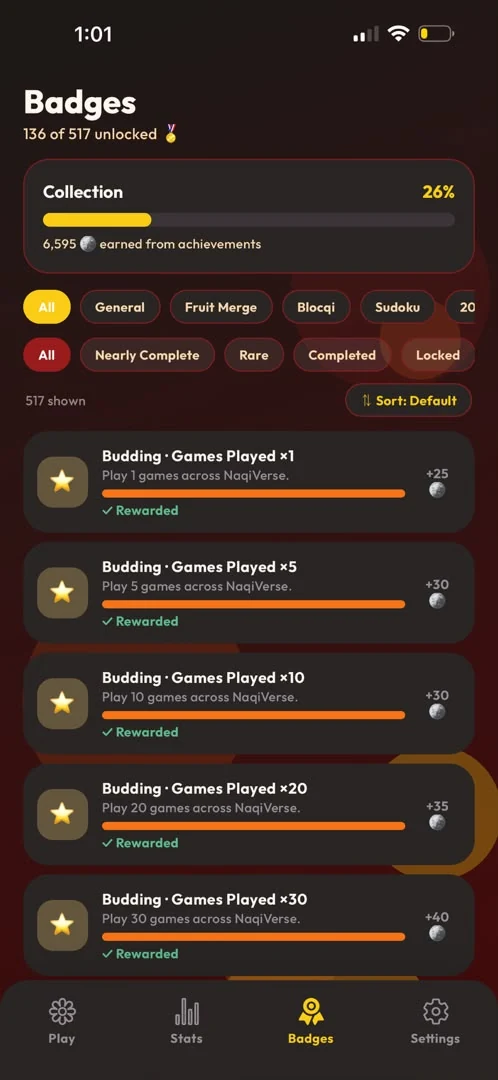 Badges screen with filters and reward tracks.